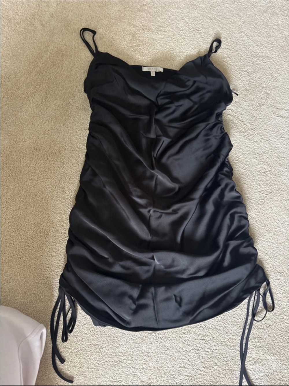 Wayf Black Satin Ruched Mini Dress